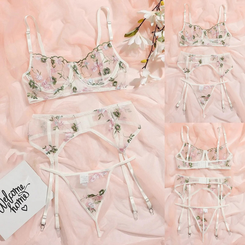 Permatomas apatinio trikotažo rinkinys Sexy Mesh G-String Bandage String Ploni miegui gėlėmis Minkšti apatiniai Nėriniai Seksuali apatinio trikotažo apranga