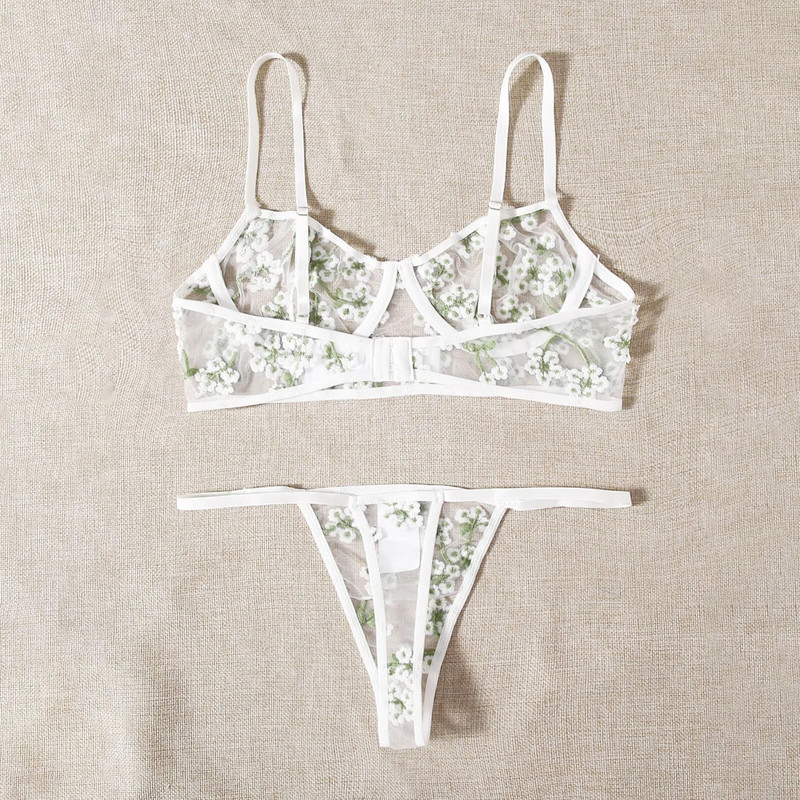 Caurspīdīgs, balts krūšturis, jauns, seksīgs, moderns G-stīgu siksnas, naktsveļa apakšveļa, ziedi, seksīga sieviešu apakšveļa, Ropa de Mujer