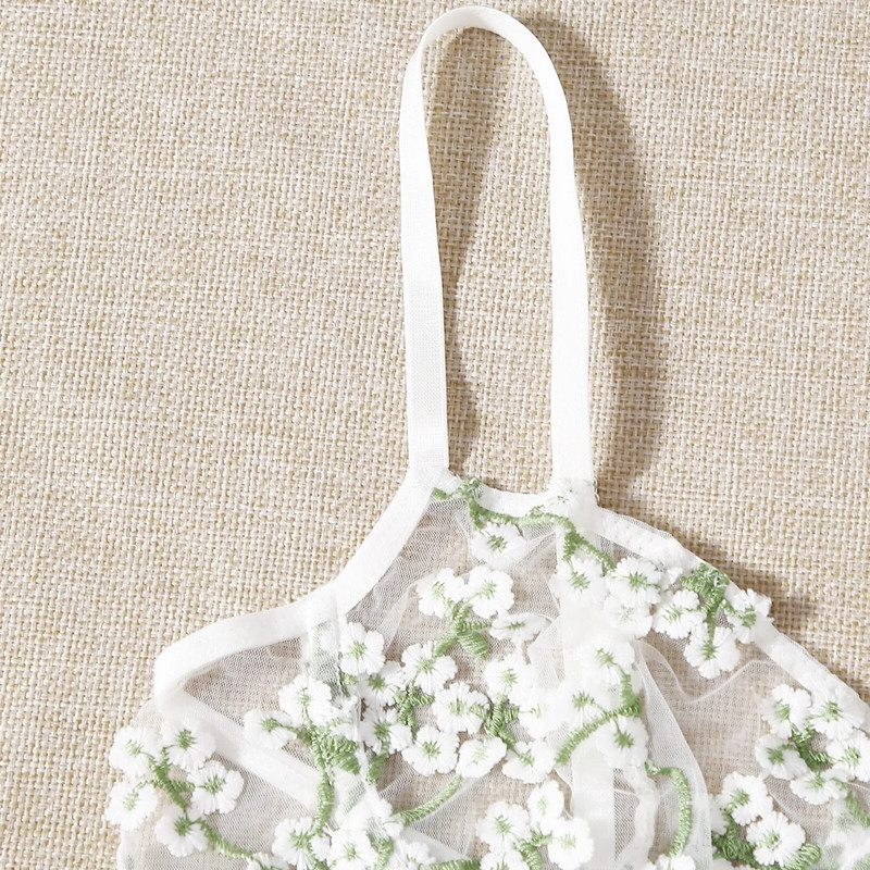 Caurspīdīgs, balts krūšturis, jauns, seksīgs, moderns G-stīgu siksnas, naktsveļa apakšveļa, ziedi, seksīga sieviešu apakšveļa, Ropa de Mujer