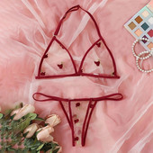 Set de lenjerie de corp sexy pentru femei Mini Hollow G-String Perspectivă Thong Lenjerie de noapte subțire Set de lenjerie cu flori din dantelă Bralette Mujer
