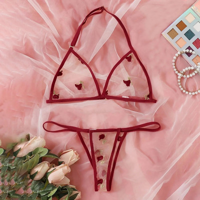 Set de lenjerie de corp sexy pentru femei Mini Hollow G-String Perspectivă Thong Lenjerie de noapte subțire Set de lenjerie cu flori din dantelă Bralette Mujer