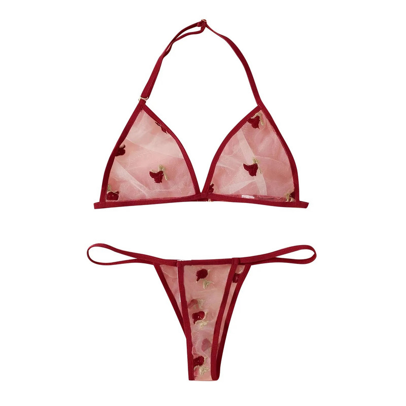 Set de lenjerie de corp sexy pentru femei Mini Hollow G-String Perspectivă Thong Lenjerie de noapte subțire Set de lenjerie cu flori din dantelă Bralette Mujer