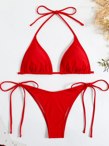 Секси кафяви бикини 2023 Дамски плътен червен сутиен Push Up сутиен с триъгълна връзка, летен бански костюм с връзки и микро бански костюм