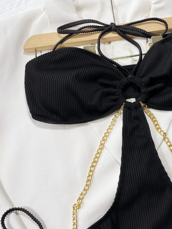 Секси черни бикини 2024 Дамски метални вериги, свързани с пръстени, издълбани бански костюм без гръб, плажен бански костюм, цял бански костюм