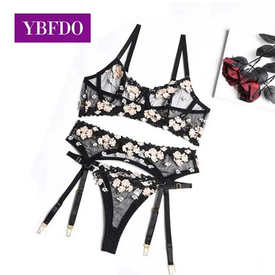 YBFDO Флорално бродирани секси костюми Дантелено бельо Femme Intimates Мрежесто бельо от 3 части Дамско бельо Виж през Сутиен Панталон с кости