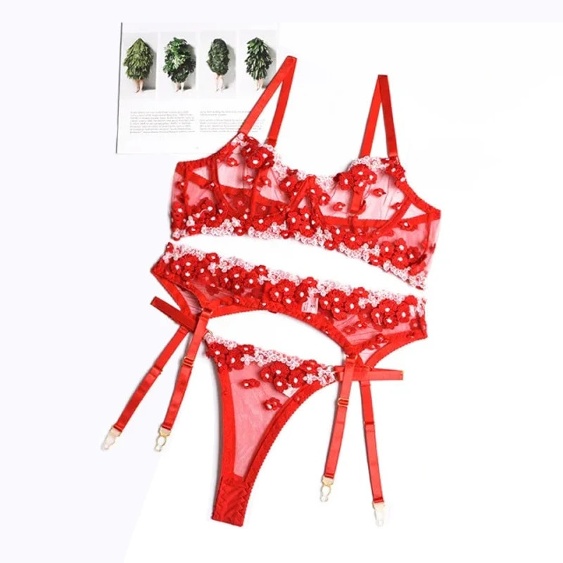 YBFDO virágos hímzett szexi jelmezek Csipke fehérnemű női intim 3 részes hálós fehérnemű Női átlátszó Underwire melltartó nadrág