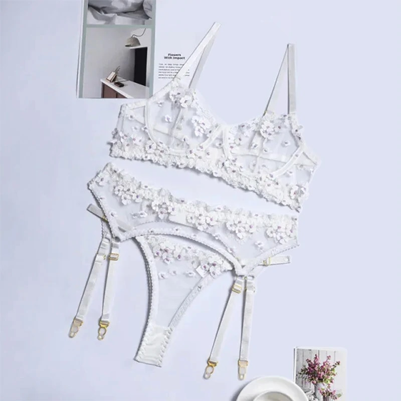 YBFDO virágos hímzett szexi jelmezek Csipke fehérnemű női intim 3 részes hálós fehérnemű Női átlátszó Underwire melltartó nadrág