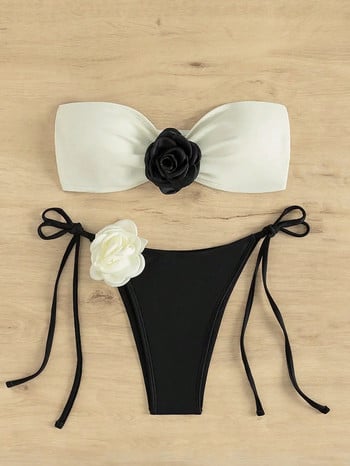 Секси 3D дизайнерски комплект бикини с флорални мотиви 2024 г. Нов пушач сутиен с бандо Черно бял пачуърк Микро бански костюм Прашки Бански костюм