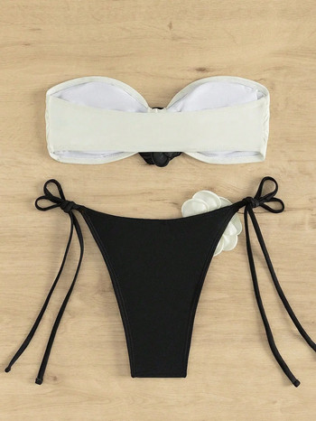 Секси 3D дизайнерски комплект бикини с флорални мотиви 2024 г. Нов пушач сутиен с бандо Черно бял пачуърк Микро бански костюм Прашки Бански костюм