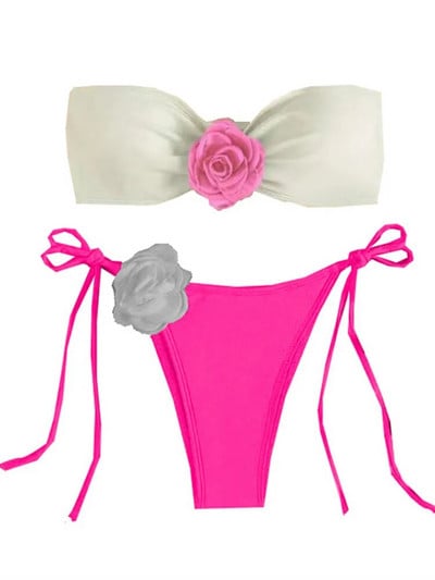 Seksualus 3D gėlių dizainerio bikinio rinkinys 2024 m. Naujas Bandeau Push Up liemenėlė Juoda Balta Patchwork Mikro maudymosi kostiumėlis maudymosi kostiumėlis su trinkelėmis
