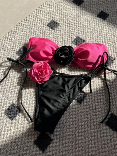 Seksualus 3D gėlių dizainerio bikinio rinkinys 2024 m. Naujas Bandeau Push Up liemenėlė Juoda Balta Patchwork Mikro maudymosi kostiumėlis maudymosi kostiumėlis su trinkelėmis