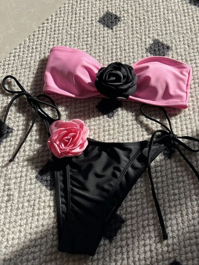 Seksualus 3D gėlių dizainerio bikinio rinkinys 2024 m. Naujas Bandeau Push Up liemenėlė Juoda Balta Patchwork Mikro maudymosi kostiumėlis maudymosi kostiumėlis su trinkelėmis