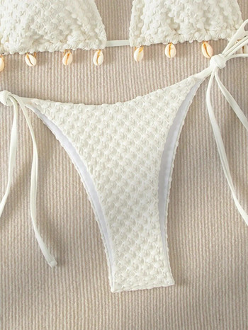 Секси комплект бикини Бял дизайнерски бански костюм с черупки 2024 г. Нов микробикини с пуш-ъп летен бански костюм с вратовръзка Странична прашка Бански костюм