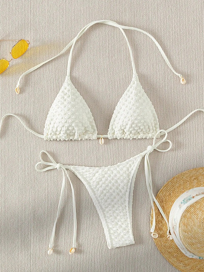 Seksi bikini set Bijeli školjkasti dizajnerski kupaći kostim 2024. Novi mikro bikiniji s halterima, ljetni kupaći kostim s tangama na vezanje