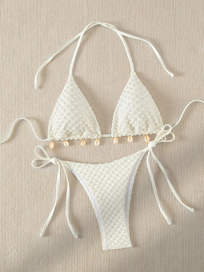 Seksi bikini set Bijeli školjkasti dizajnerski kupaći kostim 2024. Novi mikro bikiniji s halterima, ljetni kupaći kostim s tangama na vezanje