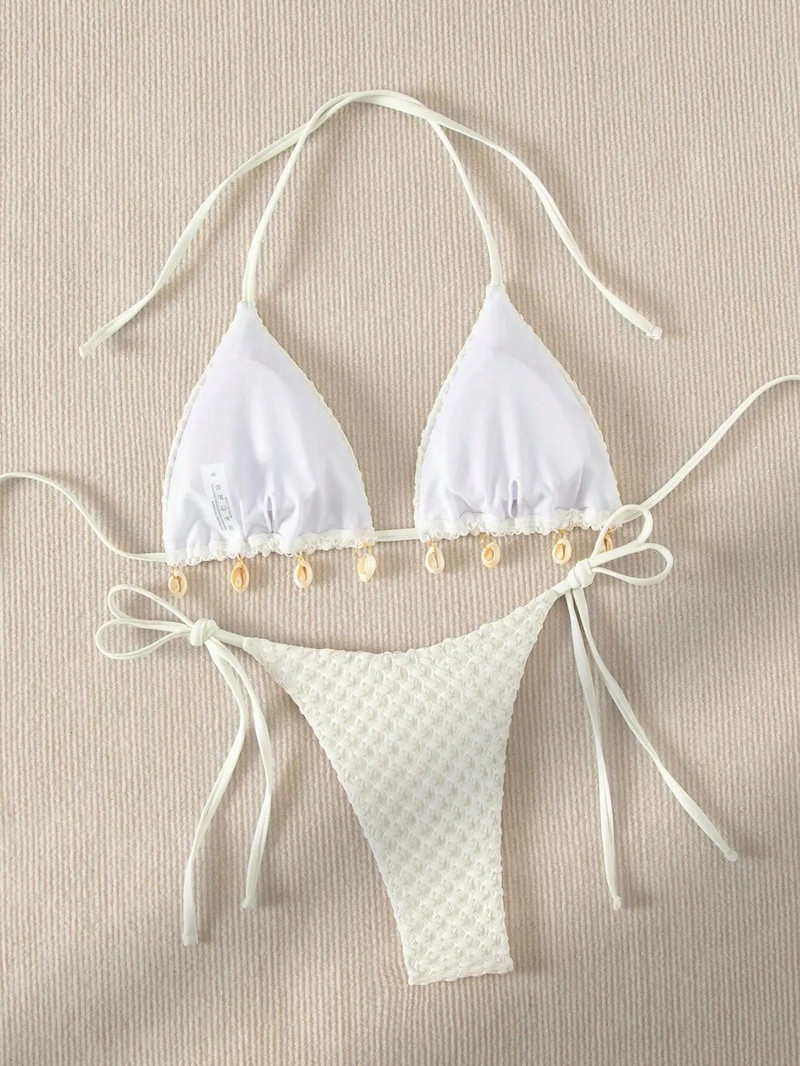 Seksi bikini set Bijeli školjkasti dizajnerski kupaći kostim 2024. Novi mikro bikiniji s halterima, ljetni kupaći kostim s tangama na vezanje