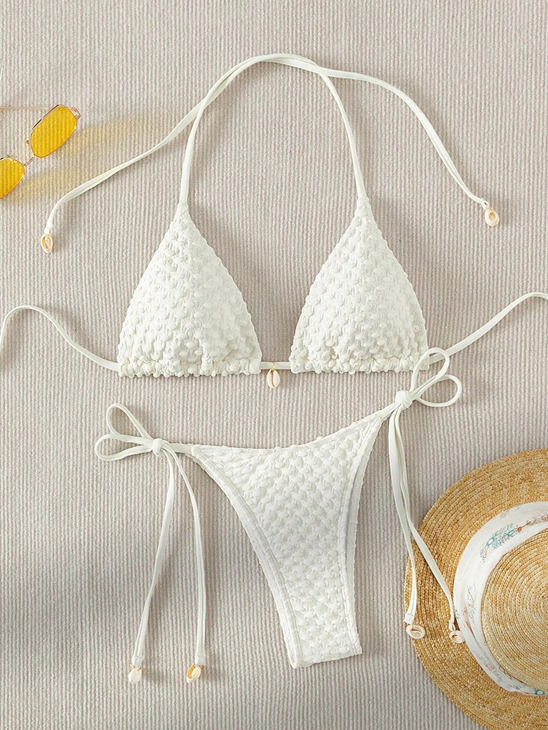 Seksi bikini set Bijeli školjkasti dizajnerski kupaći kostim 2024. Novi mikro bikiniji s halterima, ljetni kupaći kostim s tangama na vezanje