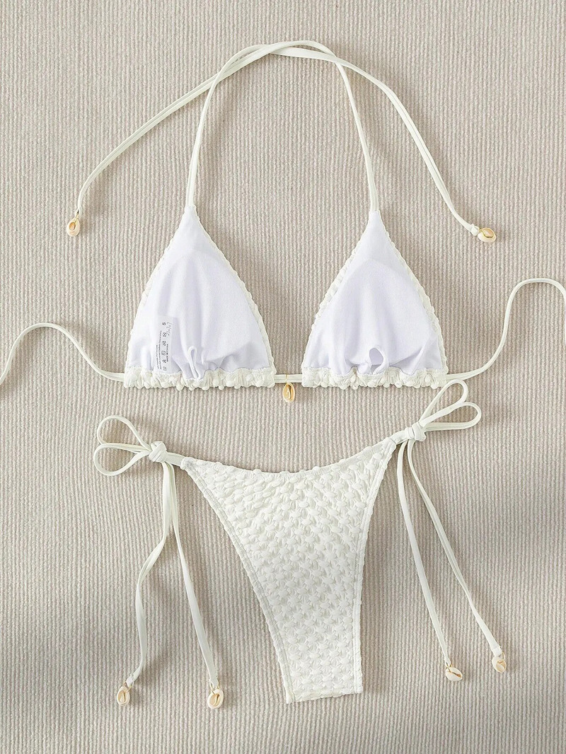 Seksi bikini set Bijeli školjkasti dizajnerski kupaći kostim 2024. Novi mikro bikiniji s halterima, ljetni kupaći kostim s tangama na vezanje