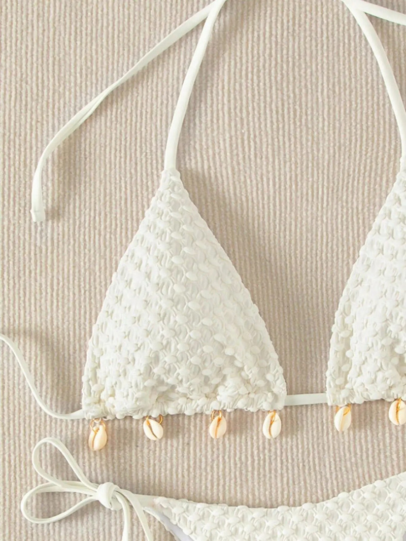 Seksi bikini set Bijeli školjkasti dizajnerski kupaći kostim 2024. Novi mikro bikiniji s halterima, ljetni kupaći kostim s tangama na vezanje