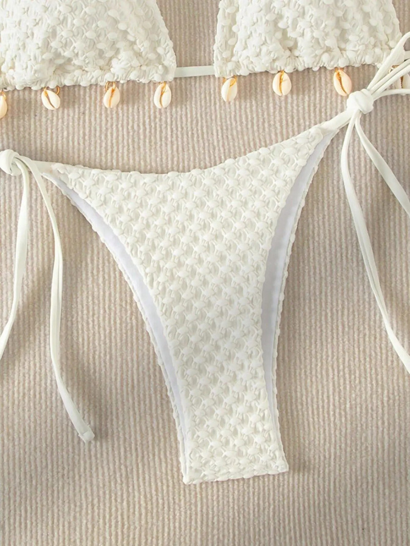 Seksi bikini set Bijeli školjkasti dizajnerski kupaći kostim 2024. Novi mikro bikiniji s halterima, ljetni kupaći kostim s tangama na vezanje