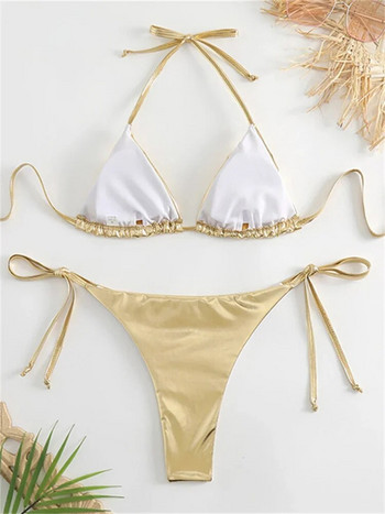 Секси Brozing Gold комплект бикини Дамски плътен Push Up Micro бански костюм 2023 Бразилски плажен бански костюм Триъгълни бански костюми със завързване отстрани