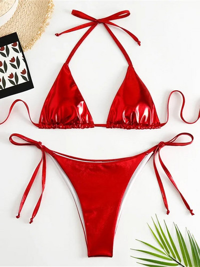 Seksi brozing zlatni bikini set ženski jednobojni Push Up mikro kupaći kostim 2023. Brazilski kupaći kostim za plažu Trokutasti kupaći kostim na vezanje sa strane