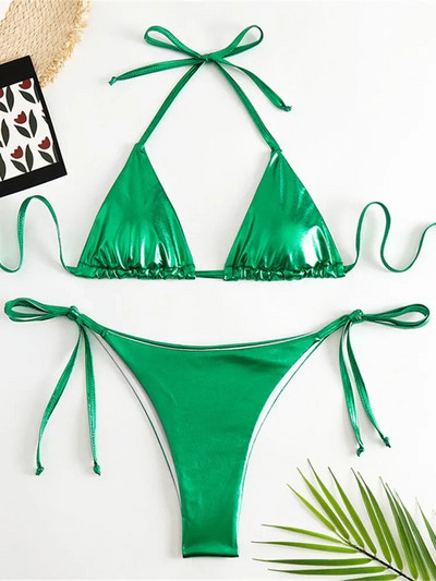 Seksi brozing zlatni bikini set ženski jednobojni Push Up mikro kupaći kostim 2023. Brazilski kupaći kostim za plažu Trokutasti kupaći kostim na vezanje sa strane