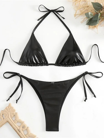 Seksi brozing zlatni bikini set ženski jednobojni Push Up mikro kupaći kostim 2023. Brazilski kupaći kostim za plažu Trokutasti kupaći kostim na vezanje sa strane