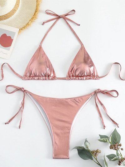 Seksi brozing zlatni bikini set ženski jednobojni Push Up mikro kupaći kostim 2023. Brazilski kupaći kostim za plažu Trokutasti kupaći kostim na vezanje sa strane