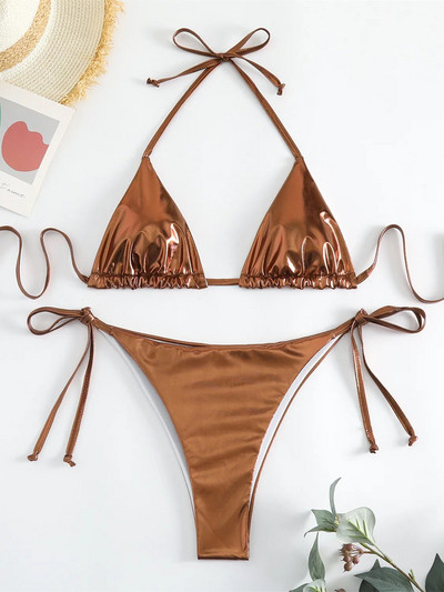 Seksi brozing zlatni bikini set ženski jednobojni Push Up mikro kupaći kostim 2023. Brazilski kupaći kostim za plažu Trokutasti kupaći kostim na vezanje sa strane