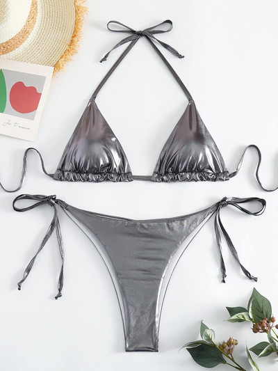 Seksi brozing zlatni bikini set ženski jednobojni Push Up mikro kupaći kostim 2023. Brazilski kupaći kostim za plažu Trokutasti kupaći kostim na vezanje sa strane