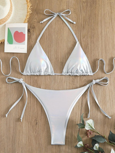 Seksi brozing zlatni bikini set ženski jednobojni Push Up mikro kupaći kostim 2023. Brazilski kupaći kostim za plažu Trokutasti kupaći kostim na vezanje sa strane
