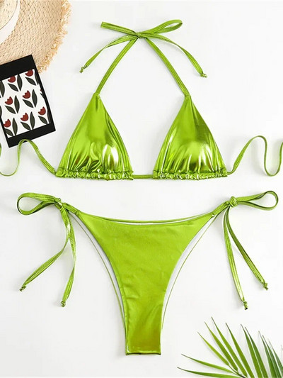 Seksi brozing zlatni bikini set ženski jednobojni Push Up mikro kupaći kostim 2023. Brazilski kupaći kostim za plažu Trokutasti kupaći kostim na vezanje sa strane