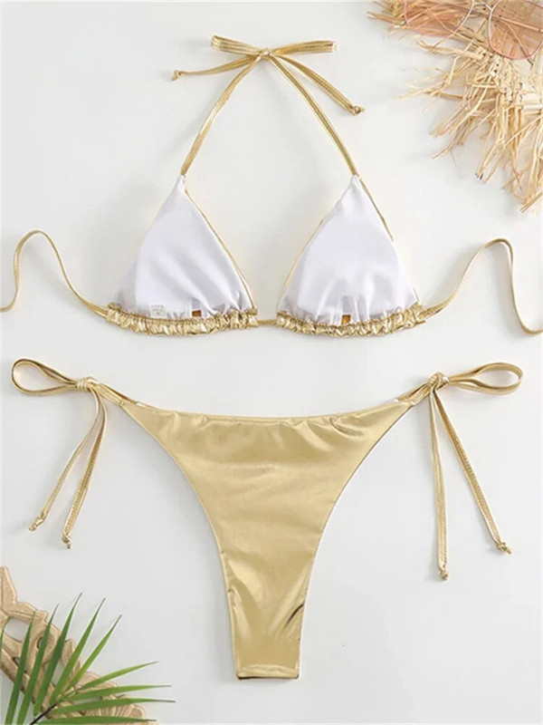 Seksi brozing zlatni bikini set ženski jednobojni Push Up mikro kupaći kostim 2023. Brazilski kupaći kostim za plažu Trokutasti kupaći kostim na vezanje sa strane