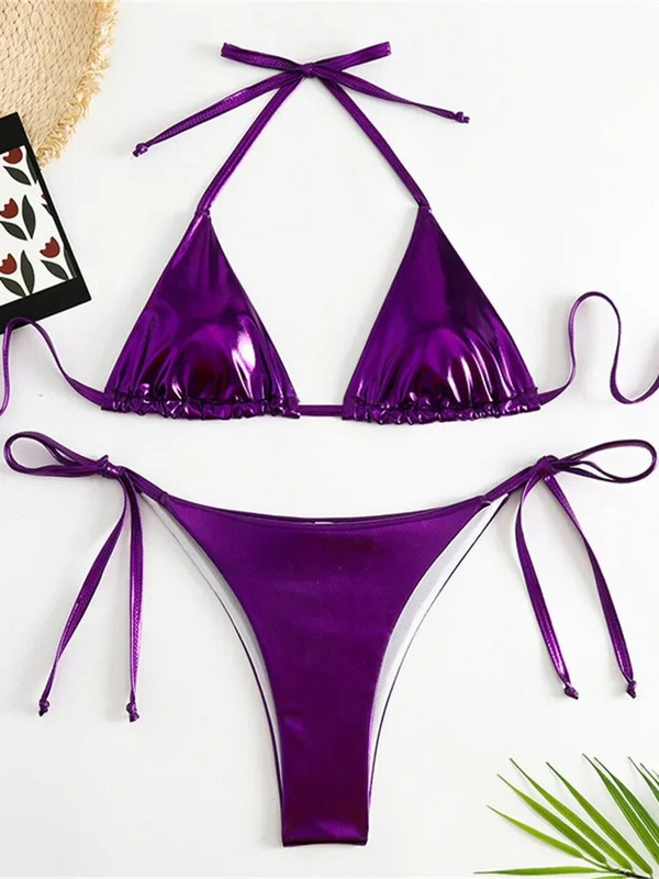 Seksi brozing zlatni bikini set ženski jednobojni Push Up mikro kupaći kostim 2023. Brazilski kupaći kostim za plažu Trokutasti kupaći kostim na vezanje sa strane