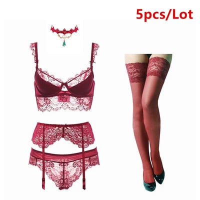Varsbaby setovi seksi čipkastih grudnjaka grudnjak+gaćice+podvezica+čarape+ogrlica Božić 5 kom/Part