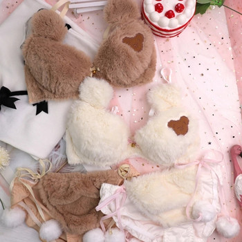 Γυναικεία Lolita Kawaii 2τμχ Σετ εσώρουχα σουτιέν Cute Bear Embroidery Fluffy Faux Fur Εσώρουχα βελούδινα Φιόγκος μπάλα Ιαπωνικά Anime L