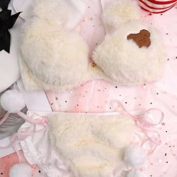Γυναικεία Lolita Kawaii 2τμχ Σετ εσώρουχα σουτιέν Cute Bear Embroidery Fluffy Faux Fur Εσώρουχα βελούδινα Φιόγκος μπάλα Ιαπωνικά Anime L