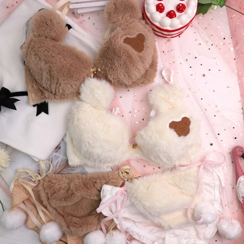 Ženski Lolita Kawaii Komplet gaćica od 2 komada grudnjaka Slatki medo Vez Pahuljasto umjetno krzno Donje rublje s donjim rubljem Plišana mašna Japanski anime L
