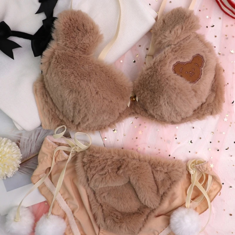 Ženski Lolita Kawaii Komplet gaćica od 2 komada grudnjaka Slatki medo Vez Pahuljasto umjetno krzno Donje rublje s donjim rubljem Plišana mašna Japanski anime L