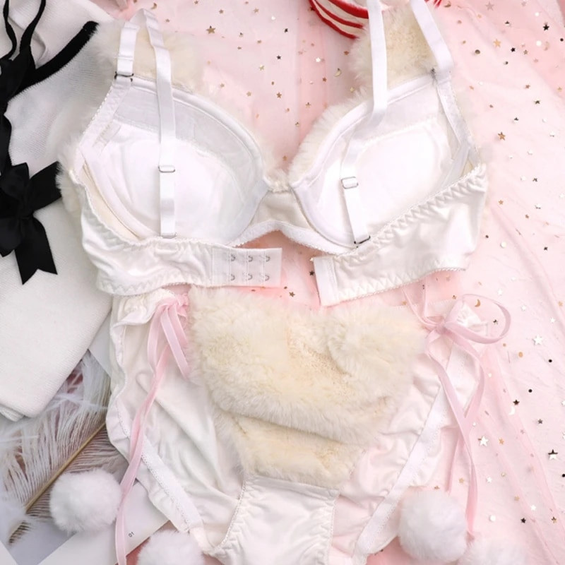 Ženski Lolita Kawaii Komplet gaćica od 2 komada grudnjaka Slatki medo Vez Pahuljasto umjetno krzno Donje rublje s donjim rubljem Plišana mašna Japanski anime L