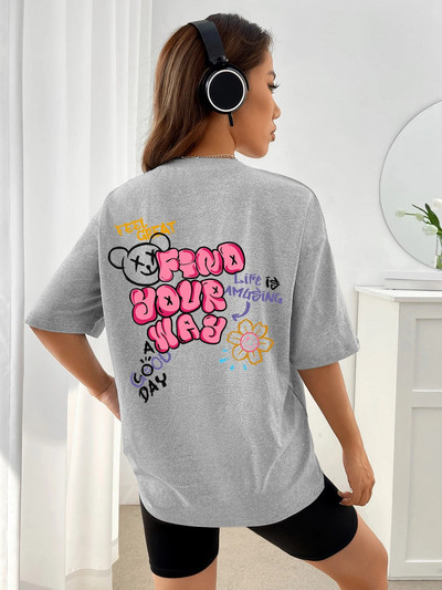 Νιώστε υπέροχα Βρείτε το δρόμο σας Γυναικείο μπλουζάκι γραφικό χαριτωμένο αρκουδάκι Απαλό βαμβακερό Street κοντά μανίκια Αθλητικά Cool Plus Size Γυναικεία