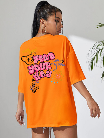 Νιώστε υπέροχα Βρείτε το δρόμο σας Γυναικείο μπλουζάκι γραφικό χαριτωμένο αρκουδάκι Απαλό βαμβακερό Street κοντά μανίκια Αθλητικά Cool Plus Size Γυναικεία