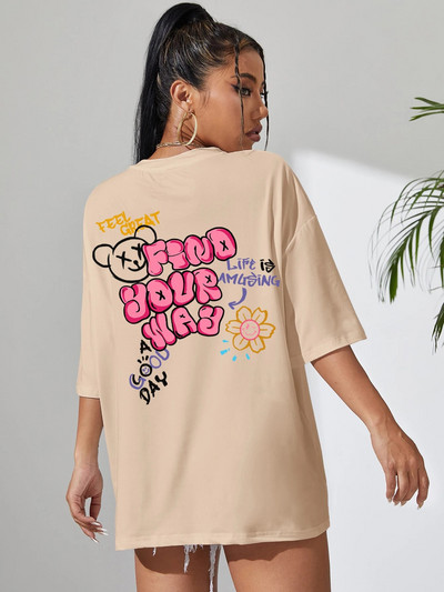 Νιώστε υπέροχα Βρείτε το δρόμο σας Γυναικείο μπλουζάκι γραφικό χαριτωμένο αρκουδάκι Απαλό βαμβακερό Street κοντά μανίκια Αθλητικά Cool Plus Size Γυναικεία