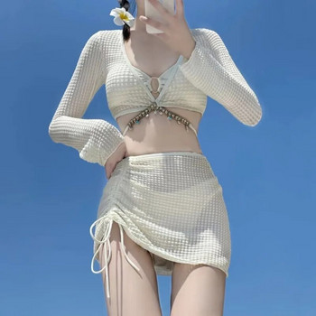 Нов комплект бикини с дълъг ръкав от четири части Sweet Pure Desire Strap Бански костюм за плажна ваканция Дамски летни плувни облекла Нежни