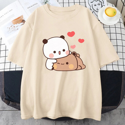 Tricou cu ursuleț panda din desene animate Bubu și Dudu, mai mari, 100% bumbac, pentru femei, cu imprimeu Kawaii, tricouri Harajuku Ullzang, cu gâtul O, anime pentru femei