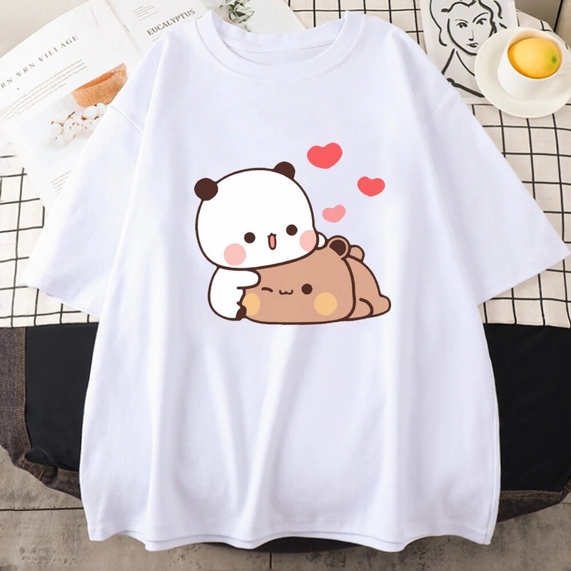 Tricou cu ursuleț panda din desene animate Bubu și Dudu, mai mari, 100% bumbac, pentru femei, cu imprimeu Kawaii, tricouri Harajuku Ullzang, cu gâtul O, anime pentru femei