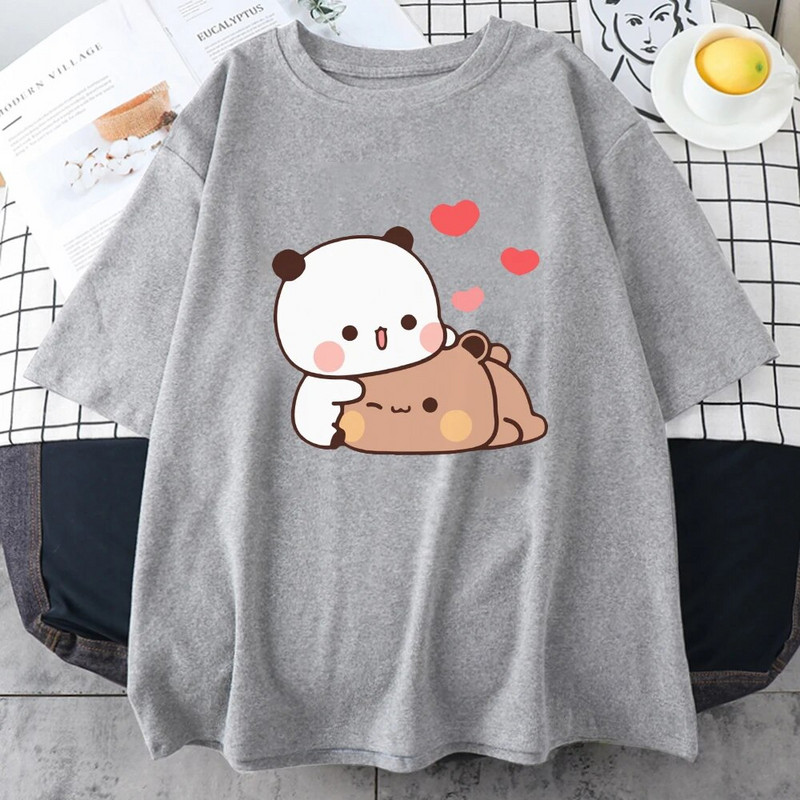 Tricou cu ursuleț panda din desene animate Bubu și Dudu, mai mari, 100% bumbac, pentru femei, cu imprimeu Kawaii, tricouri Harajuku Ullzang, cu gâtul O, anime pentru femei