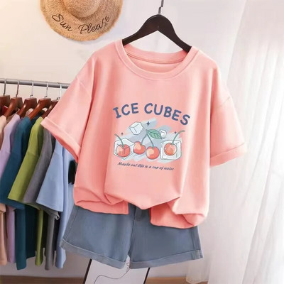 Vasaros didelio dydžio aukščiausios kokybės medvilniniai Y2KT marškinėliai Moteriški animacinių filmų vyšnių raštais marškinėliai, dideli bėgimo sportiniai marškinėliai Nemokamas pristatymas