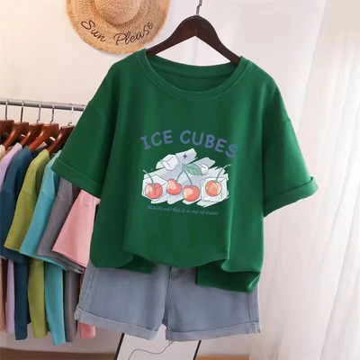 Vasaros didelio dydžio aukščiausios kokybės medvilniniai Y2KT marškinėliai Moteriški animacinių filmų vyšnių raštais marškinėliai, dideli bėgimo sportiniai marškinėliai Nemokamas pristatymas